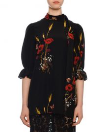 Valentino Short-Sleeve Puff-Shoulder Crepe de Chine Floral-Print Blouse at Neiman Marcus