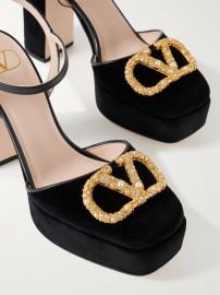 Valentino VLogo 105 embellished leather trimmed velvet platform pumps at Net a Porter