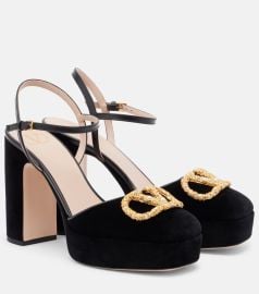 Valentino VLogo 105 embellished leather trimmed velvet platform pumps at Mytheresa