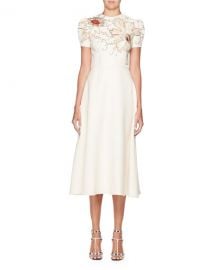 ValentinoHigh-Neck Short-Sleeve Crepe Dress w  Embroidery at Neiman Marcus