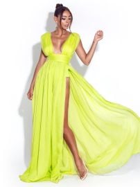 Valley Of Angels Lime Chiffon Pleated High Slit Maxi Dress at Miss Circle