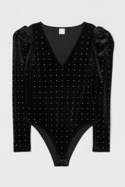 Velour Bodysuit with Studs - Black - Ladies HampM US at H&M