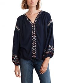 Velvet Embroidered V-Neck Long-Sleeve Top at Neiman Marcus