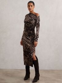Velvet Leopard-Print Midi Dress in Black/Brown - Size US 0 at Reiss