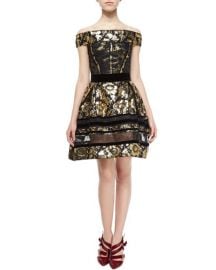 Velvet-Trim Brocade Dress With Lace Insets by Oscar de la Renta at Bergdorf Goodman