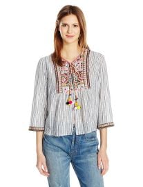 Velvet by Graham  amp  Spencer Women s Embroidered Cotton Stripe Shirt Jacket at Amazon