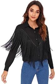 Verdusa Women39s Fringe Trim Long Sleeve Button Up Blouse Shirt Top at Womens Clothing store at Amazon