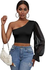 Verdusa Women39s One Shoulder Sheer Mesh Long Sleeve Crop Top Shirt Tee Blouse at  Womens Clothing store at Amazon