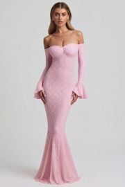 Verena Off-Shoulder Ruffle Lace Maxi Dress in Soft Pink at Oh Polly