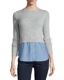 Veronica Beard Cati Wool Shirttail Combo Sweater  Gray Blue at Neiman Marcus