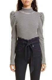 Veronica Beard Cedar Stripe Puff Sleeve Turtleneck Rib Top at Nordstrom