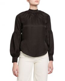 Veronica Beard Cicley Houndstooth Mock-Neck Silk Top at Neiman Marcus