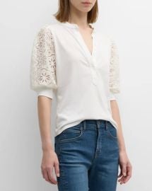 Veronica Beard Coralee Knit Button Front Eyelet Sleeve Top at Neiman Marcus