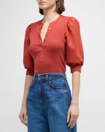 Veronica Beard Coralee Puff Sleeve Button-Front Top at Neiman Marcus