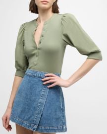 Veronica Beard Coralee Puff Sleeve Button-Front Top at Neiman Marcus