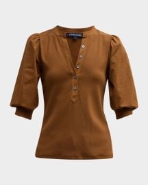 Veronica Beard Coralee Puff Sleeve Button-Front Top at Neiman Marcus