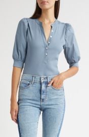 Veronica Beard Coralee Puff Sleeve Mixed Media Henley Top at Nordstrom
