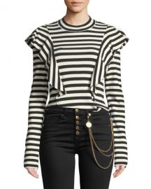 Veronica Beard Dawson Striped Ruffle Long-Sleeve Tee at Neiman Marcus