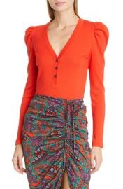 Veronica Beard Dekalb Puff Sleeve Rib Stretch Cotton Top at Nordstrom