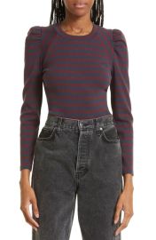 Veronica Beard Delano Stripe Puff Sleeve Cotton Top at Nordstrom