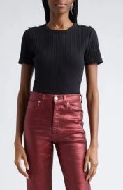 Veronica Beard Draya Rhinestone Button Detail Rib Stretch Cotton Top at Nordstrom Rack