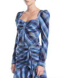 Veronica Beard Frankie Plaid Puff-Sleeve Button-Front Top at Neiman Marcus