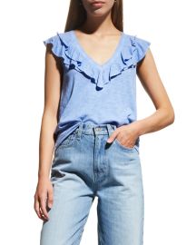 Veronica Beard Jeans Ellerie Jersey Ruffled V-Neck Top at Neiman Marcus