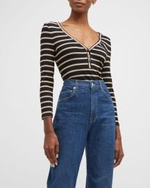 Veronica Beard Jeans Shailee Striped V-Neck Henley Top at Neiman Marcus