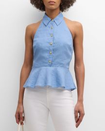 Veronica Beard Lancaster Sleeveless Halter Peplum Top at Neiman Marcus