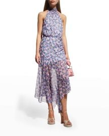 Veronica Beard Lei Abstract Printed High Neck Sheer A-Line Dress at Neiman Marcus