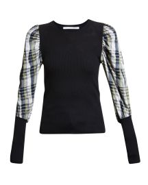 Veronica Beard Leila Wool Plaid Puffed Sleeve Top at Neiman Marcus