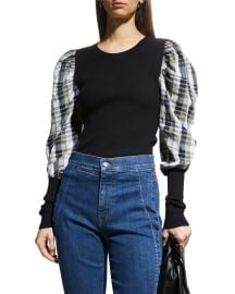 Veronica Beard Leila Wool Plaid Puffed Sleeve Top at Neiman Marcus