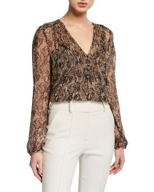 Veronica Beard Lowell Snake-Print Pintuck Blouse at Neiman Marcus