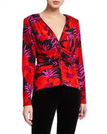 Veronica Beard Pevero Ruched Floral Button-Front Top at Neiman Marcus