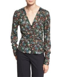 Veronica Beard Ripley Ruched Floral Silk Boho Blouse  Black Multicolor at Neiman Marcus