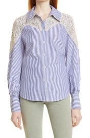 Veronica Beard Sachse Stripe Crochet Accent Cotton Blouse in Blue/White  at Nordstrom