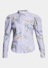 Veronica Beard Signy Floral Embroidered Button-Front Striped Shirt - at Bergdorf Goodman