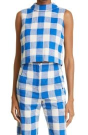 Veronica Beard Sylvana Check Cotton Blend Woven Top in White/Cobalt  at Nordstrom