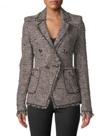 Veronica Beard Theron Double-Breasted Tweed Jacket w  Frayed Trim at Neiman Marcus