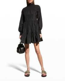 Veronica Beard Vigore Smocked High-Neck Dress at Neiman Marcus