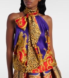 Versace Bow detail printed silk satin top at Mytheresa