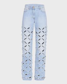 Versace Laser Cut Checkered Denim Pants at Neiman Marcus