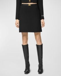 Versace Medusa-Belt Double Wool Crepe Stretch Mini Skirt at Neiman Marcus