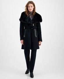 Via Spiga Womens Belted Faux-Fur-Collar Coat - Macys at Macys