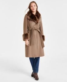 Via Spiga Womens Faux-Fur-Trim Belted Wrap Coat - Macys at Macys