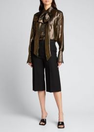 Victoria Beckham Bib-Front Metallic Striped Tie-Neck Blouse - at Bergdorf Goodman