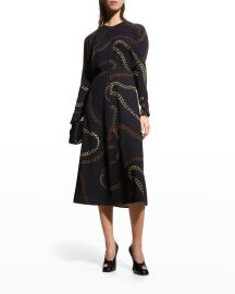 Victoria Beckham Chain-Print Dolman-Sleeve Midi Dress at Neiman Marcus