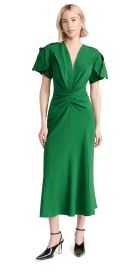 Victoria Beckham Gathered V-Neck Midi Dress Viridian 14 at Shopbop