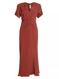 Victoria Beckham Gathered V Neck Midi Dress in Russet at Saks Fifth Avenue