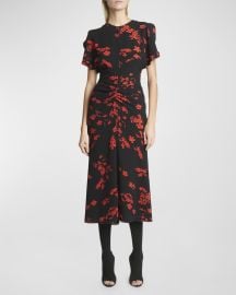 Victoria Beckham Gathered Waist Floral Print Midi Dress at Neiman Marcus